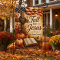 Fall for Jesus Garden Flag — Autumn Religious House Banner with Cross, Bible & Pumpkin