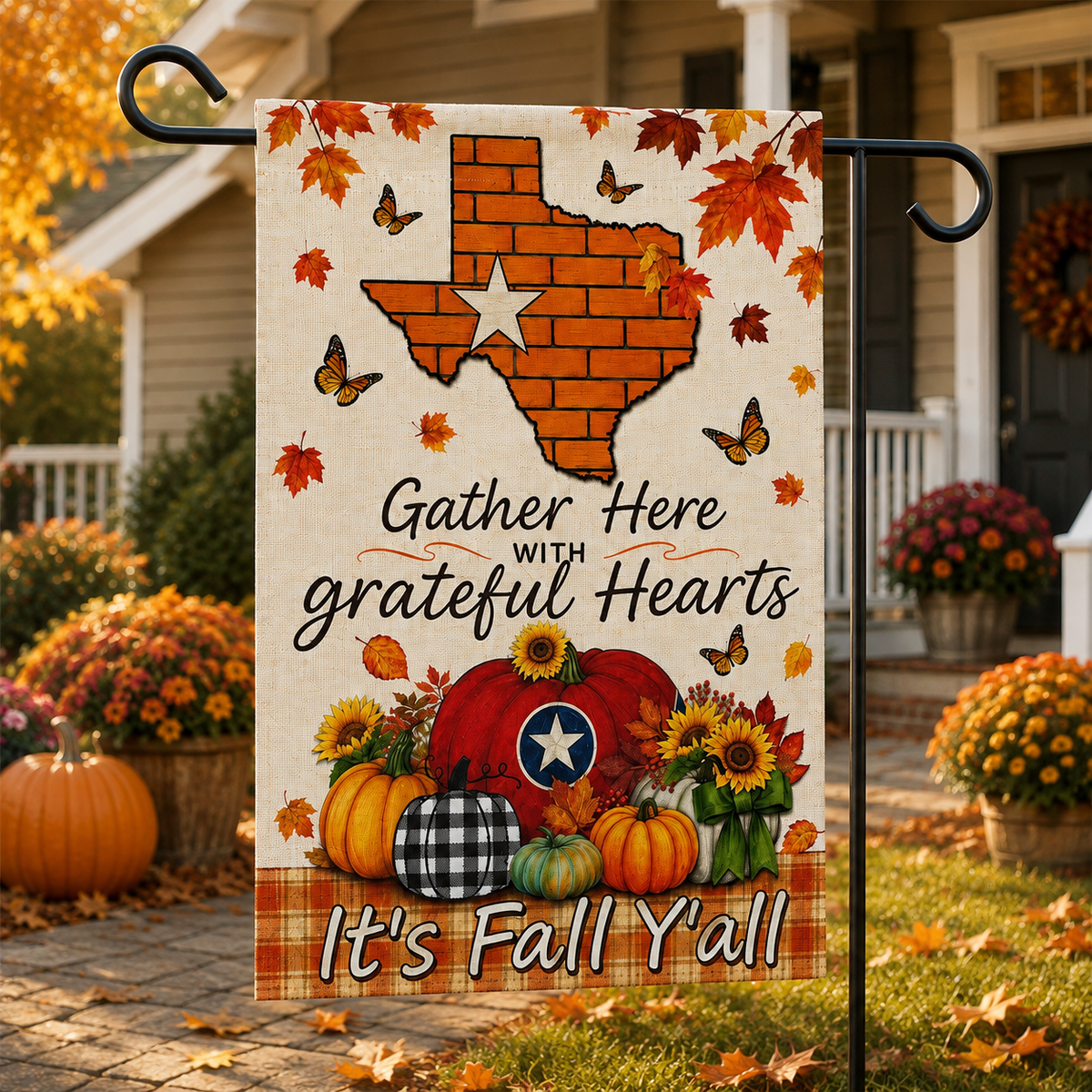 Fall Garden Flag – "Gather Here with Grateful Hearts" Texas Pumpkin Autumn Yard Banner
