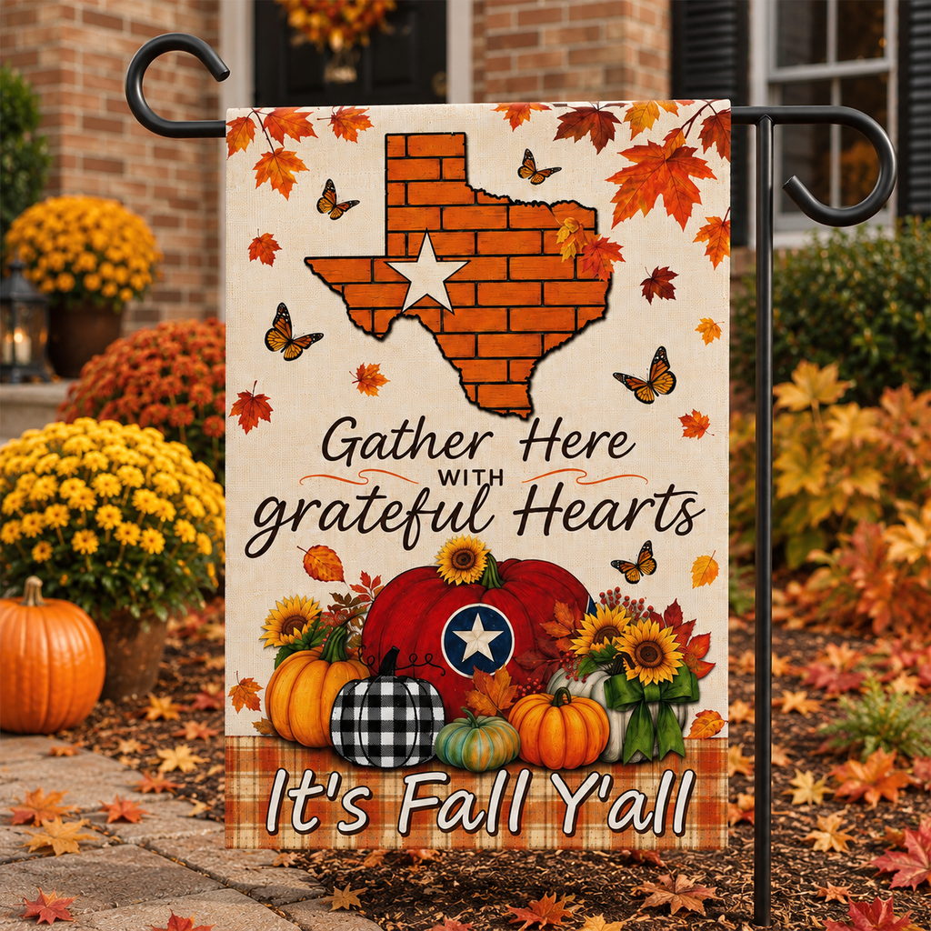 Fall Garden Flag – "Gather Here with Grateful Hearts" Texas Pumpkin Autumn Yard Banner