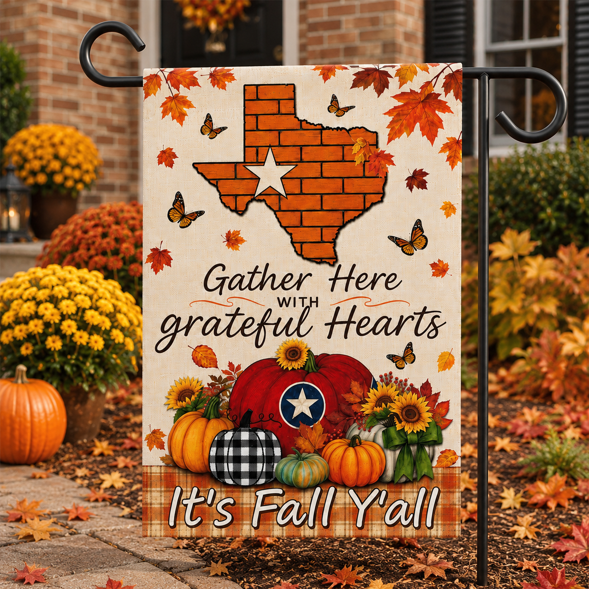 Fall Garden Flag – "Gather Here with Grateful Hearts" Texas Pumpkin Autumn Yard Banner