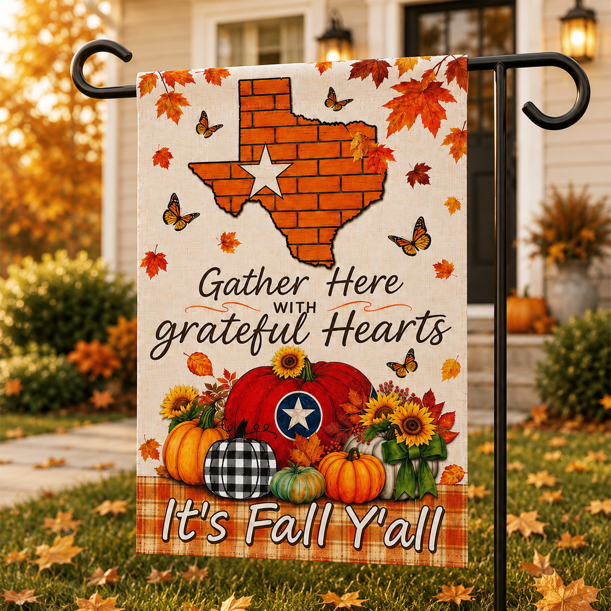 Fall Garden Flag – "Gather Here with Grateful Hearts" Texas Pumpkin Autumn Yard Banner