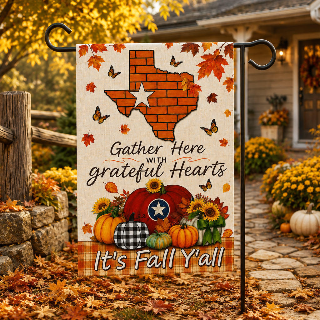 Fall Garden Flag – "Gather Here with Grateful Hearts" Texas Pumpkin Autumn Yard Banner
