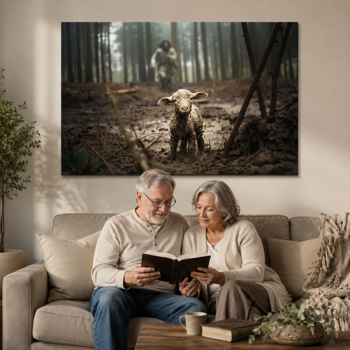 Jesus Running After a Lost Lamb, Jesus and Lamb Picture, Wall Art Canvas