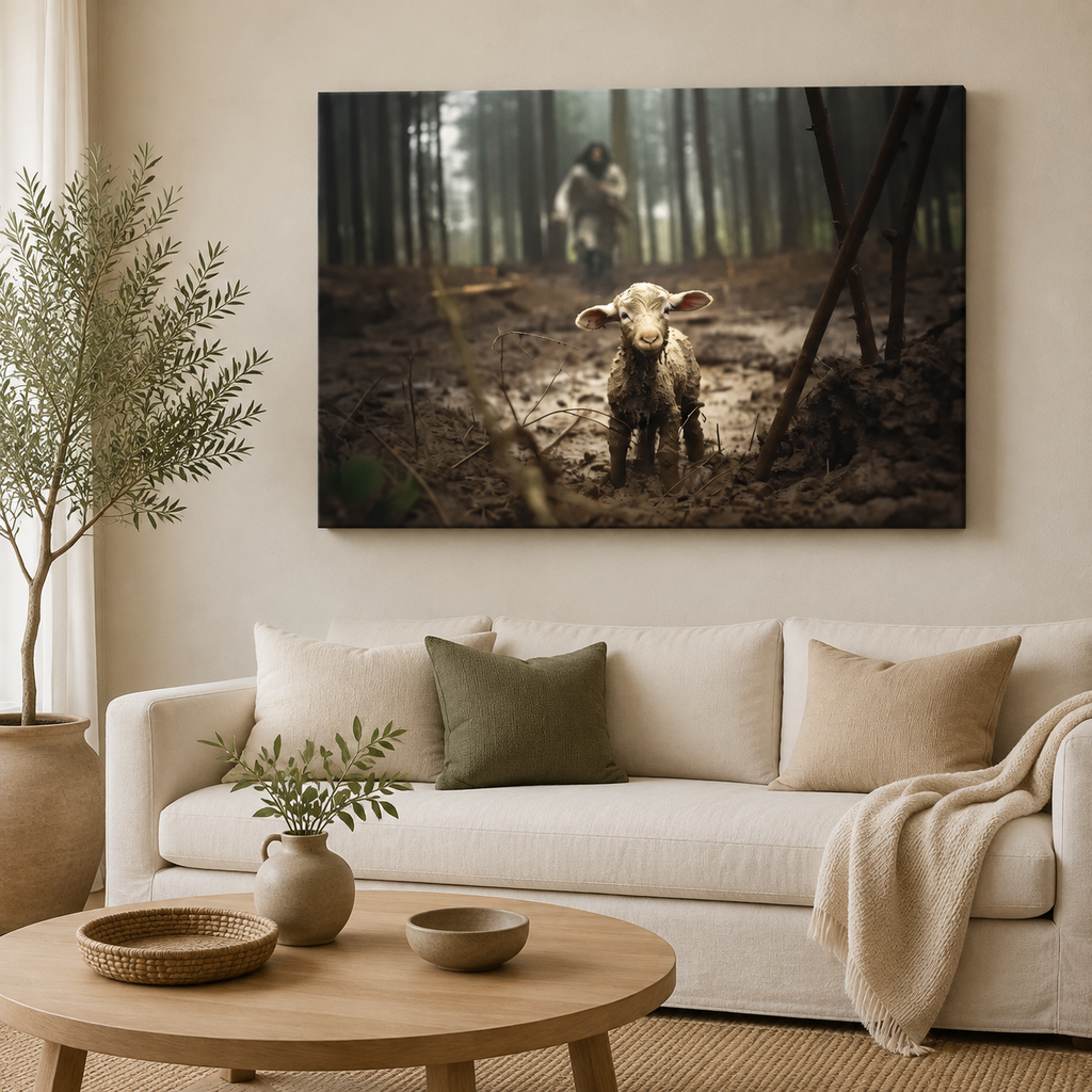 Jesus Running After a Lost Lamb, Jesus and Lamb Picture, Wall Art Canvas