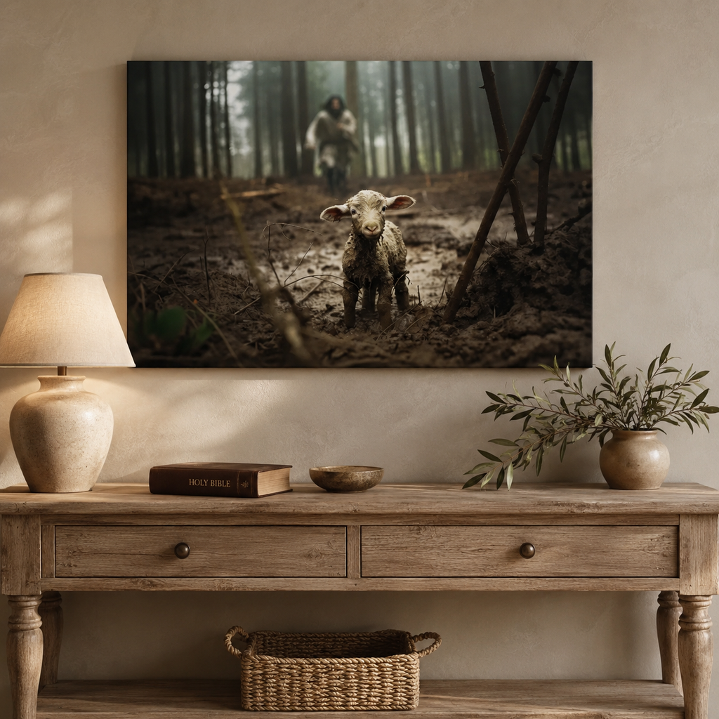 Jesus Running After a Lost Lamb, Jesus and Lamb Picture, Wall Art Canvas