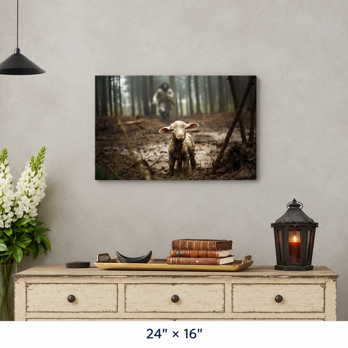 Jesus Running After a Lost Lamb, Jesus and Lamb Picture, Wall Art Canvas