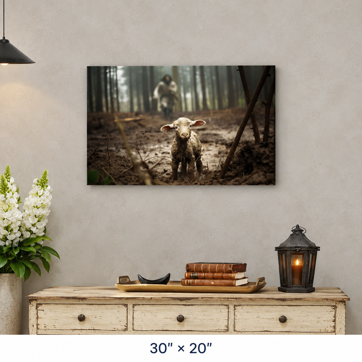 Jesus Running After a Lost Lamb, Jesus and Lamb Picture, Wall Art Canvas