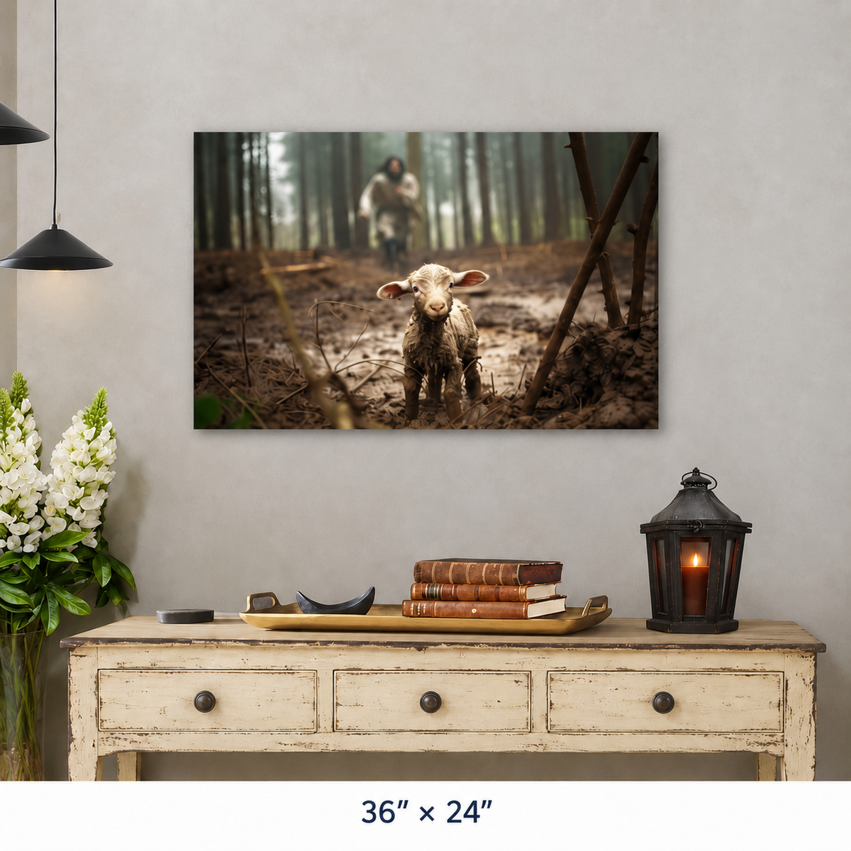 Jesus Running After a Lost Lamb, Jesus and Lamb Picture, Wall Art Canvas